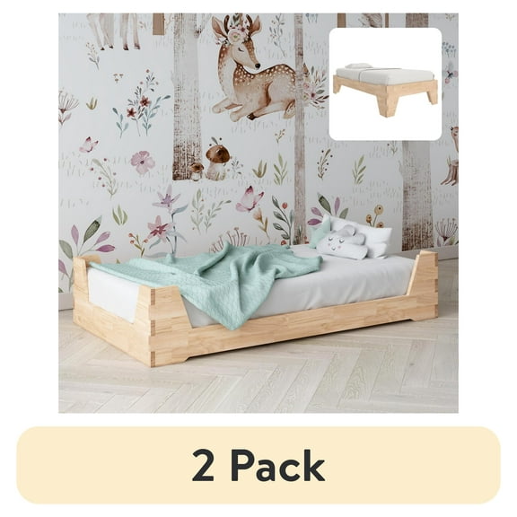 (2 pack) Little Seeds Maverick Montessori Toddler Floor Bed with 2 Heights, Natural