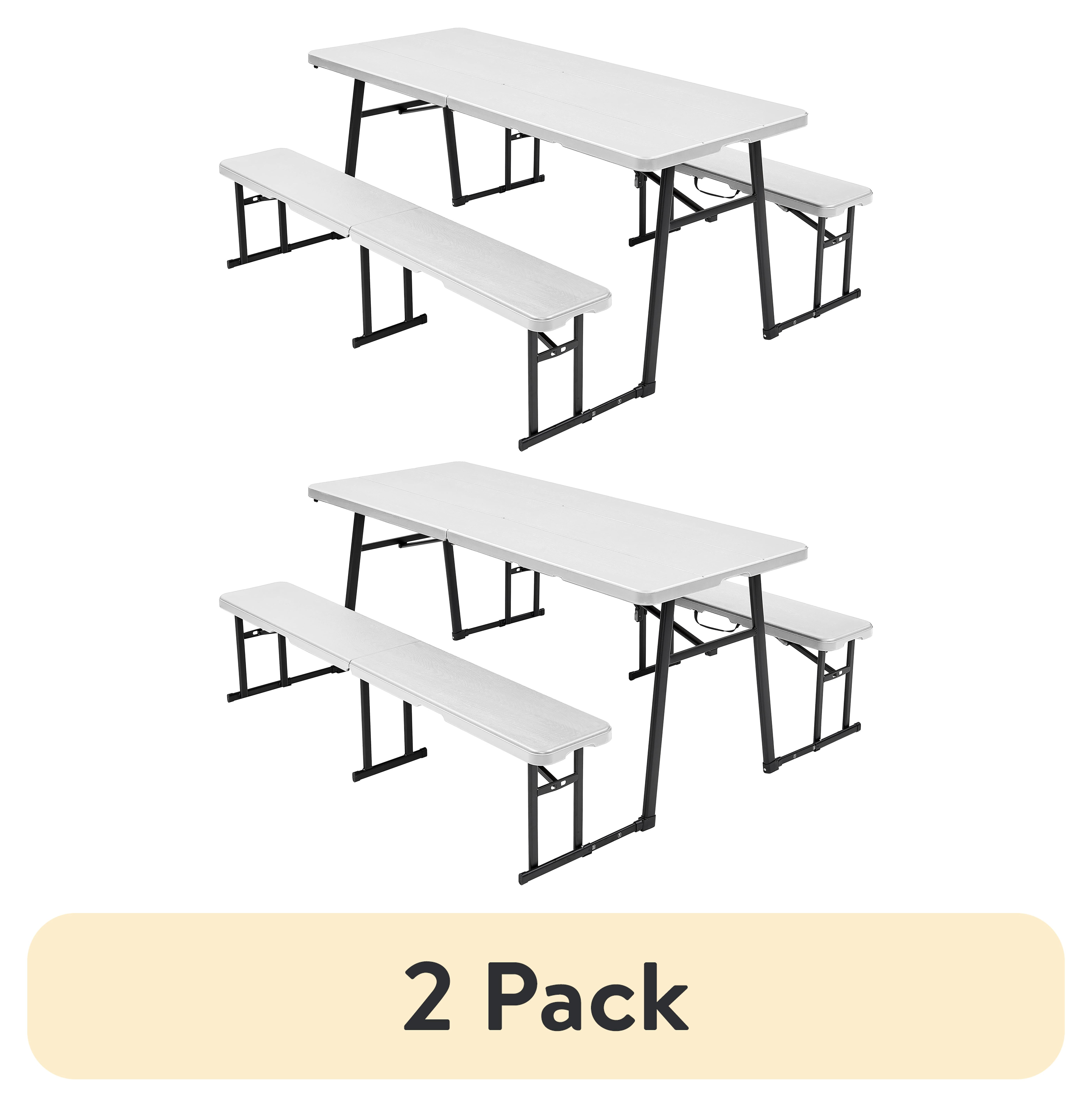 (2 pack) Living and More 3-Piece Picnic Table Set, 6 Foot Polyethylene Folding Table with 2 Folding Benches, Weather Resistant, Indoor Outdoor, White Wood Finish with Black Legs