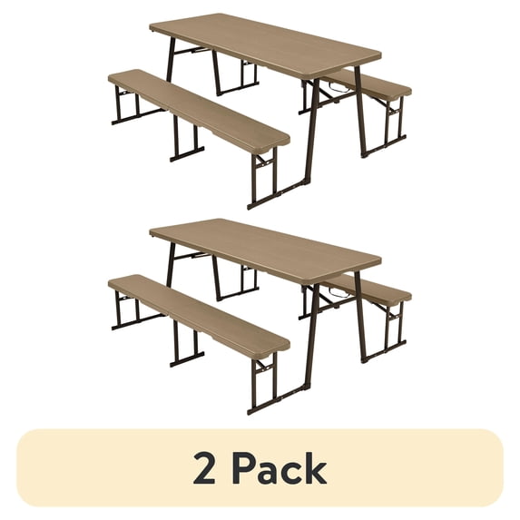 (2 pack) Living & More 3-Piece 6 ft Folding Picnic Table Set with 2 Benches, Polyethylene and Steel, Indoor/Outdoor, Light Brown and Dark Brown