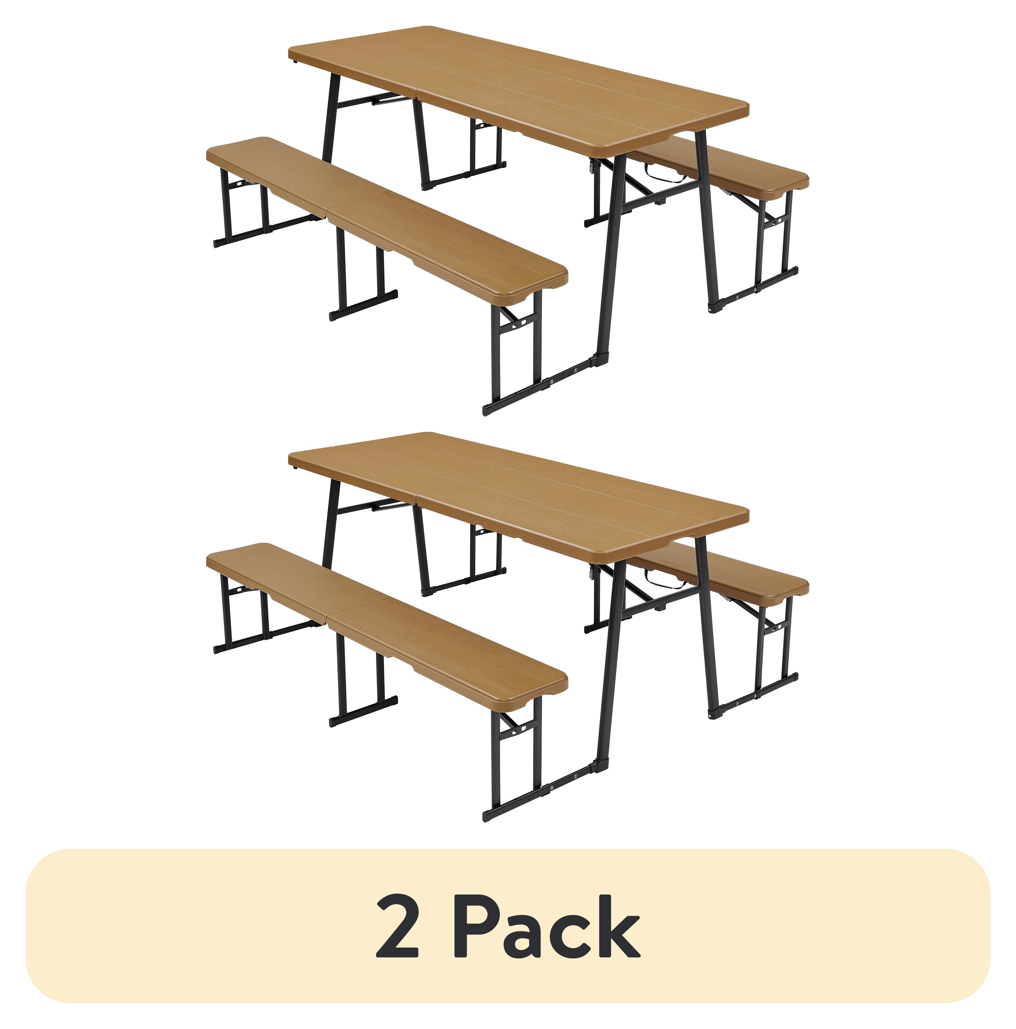(2 pack) Living & More 3-Piece Folding Picnic Table Set, 6 ft Polyethylene Table with 2 Folding Benches, Dark Brown