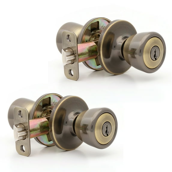 (2 pack) Lokhaus Keyed Entry Tulip Doorknob Antique Brass 2 Count