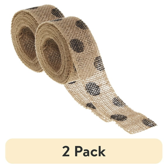 (2 pack) Love, Laugh, Craft Burlap Ribbon Set, 1.5"W x 3-Yds, Natural/Black Dots