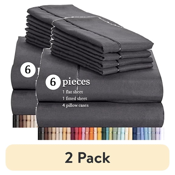 (2 pack) Luxclub Microfiber Sheet Set, Ultra Soft Cooling Bedding Sheets, Solid Grey, Queen Size, 6 Piece Set