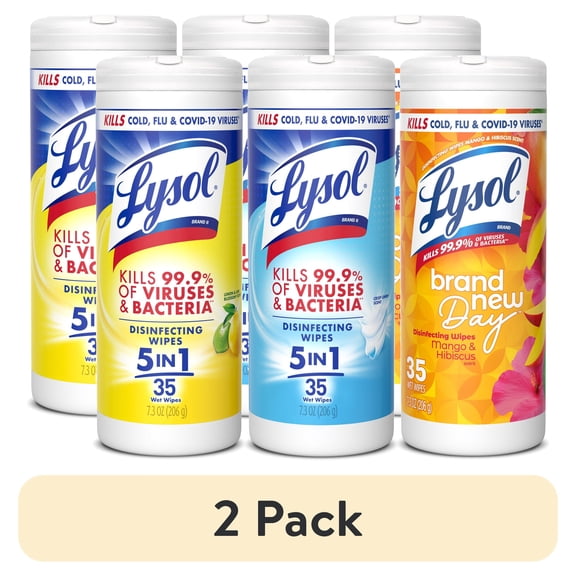 (2 pack) Lysol Disinfecting Wipes, All Purpose Cleaner, Multi Surface Antibacterial Cleaning Wipes, Cleaning Supplies, Lemon Mango & Hibiscus Crisp Linen Scent, 35 Count Each (Pack of 3)