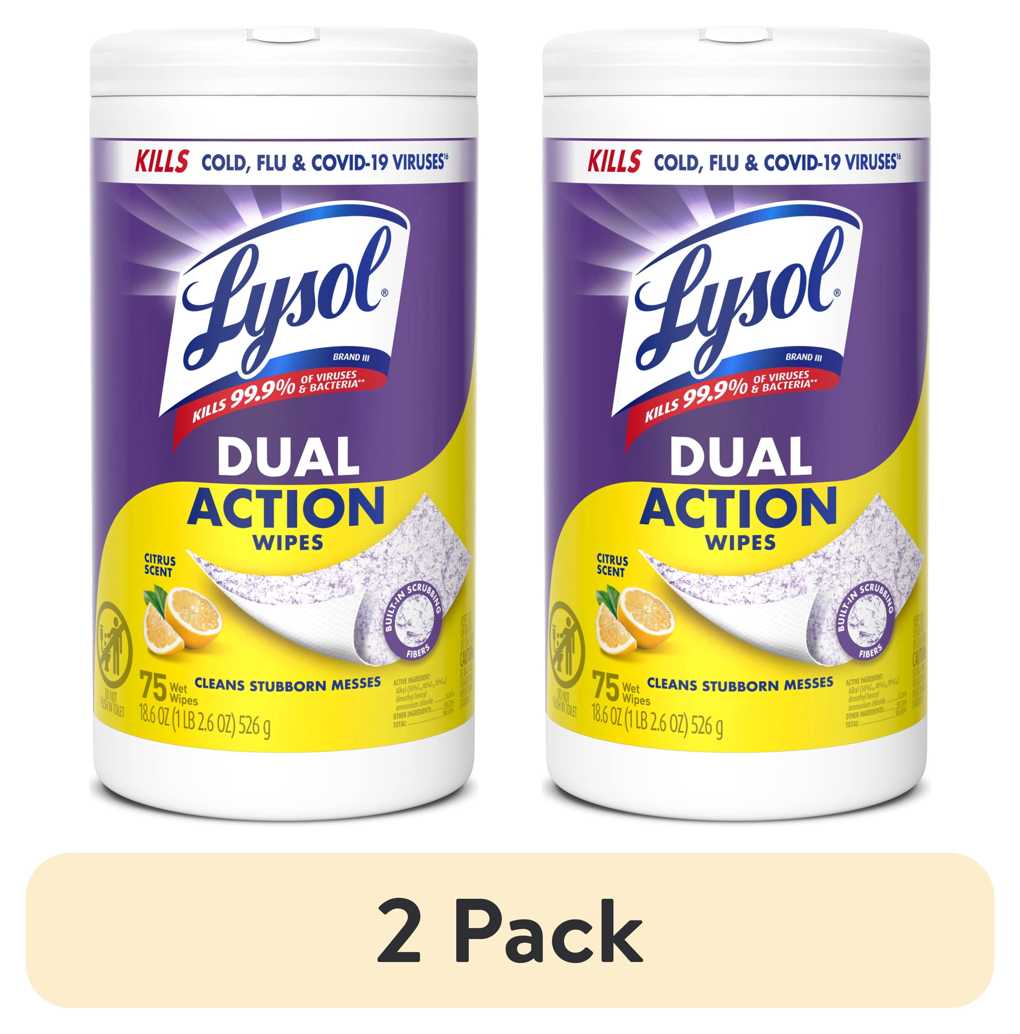 (2 pack) Lysol Dual Action Disinfectant Wipes, Multi-Surface Antibacterial Scrubbing Wipes, For Disinfecting and Cleaning, Citrus Scent, 75 Count