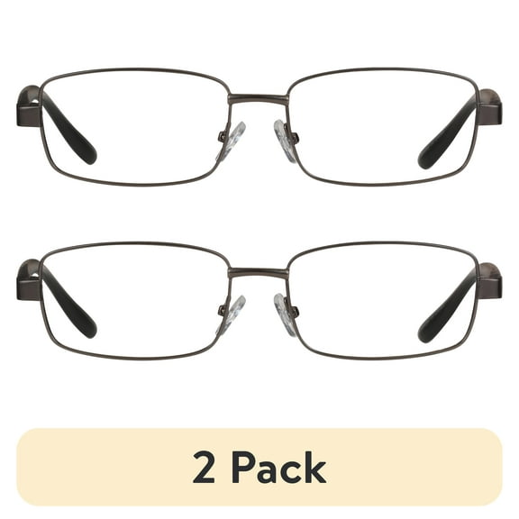 (2 pack) M+ Mens Rectangular Metal Reading Glasses Dgun 1.50 Reed in Gunmetal with Matte Black Temples