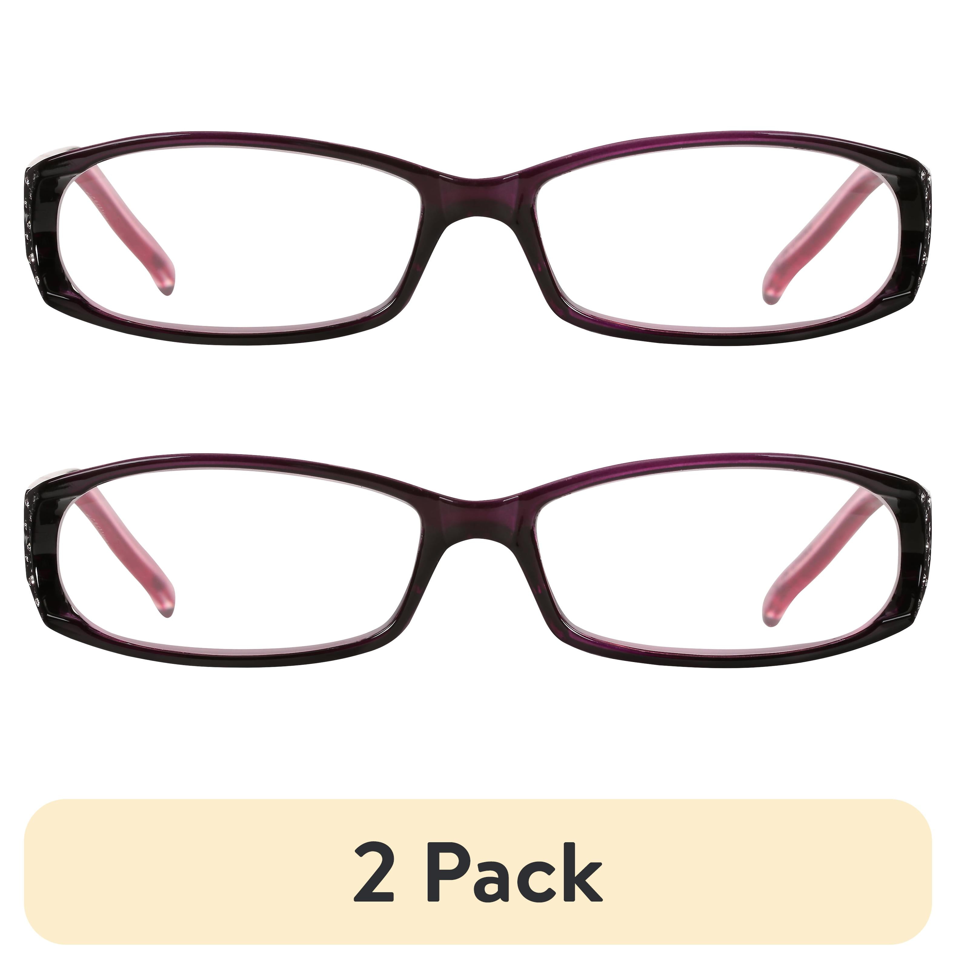 (2 pack) M+ Womens Rectangular Plastic Reading Glasses 1.75 Amber in Purple with Rhinestones