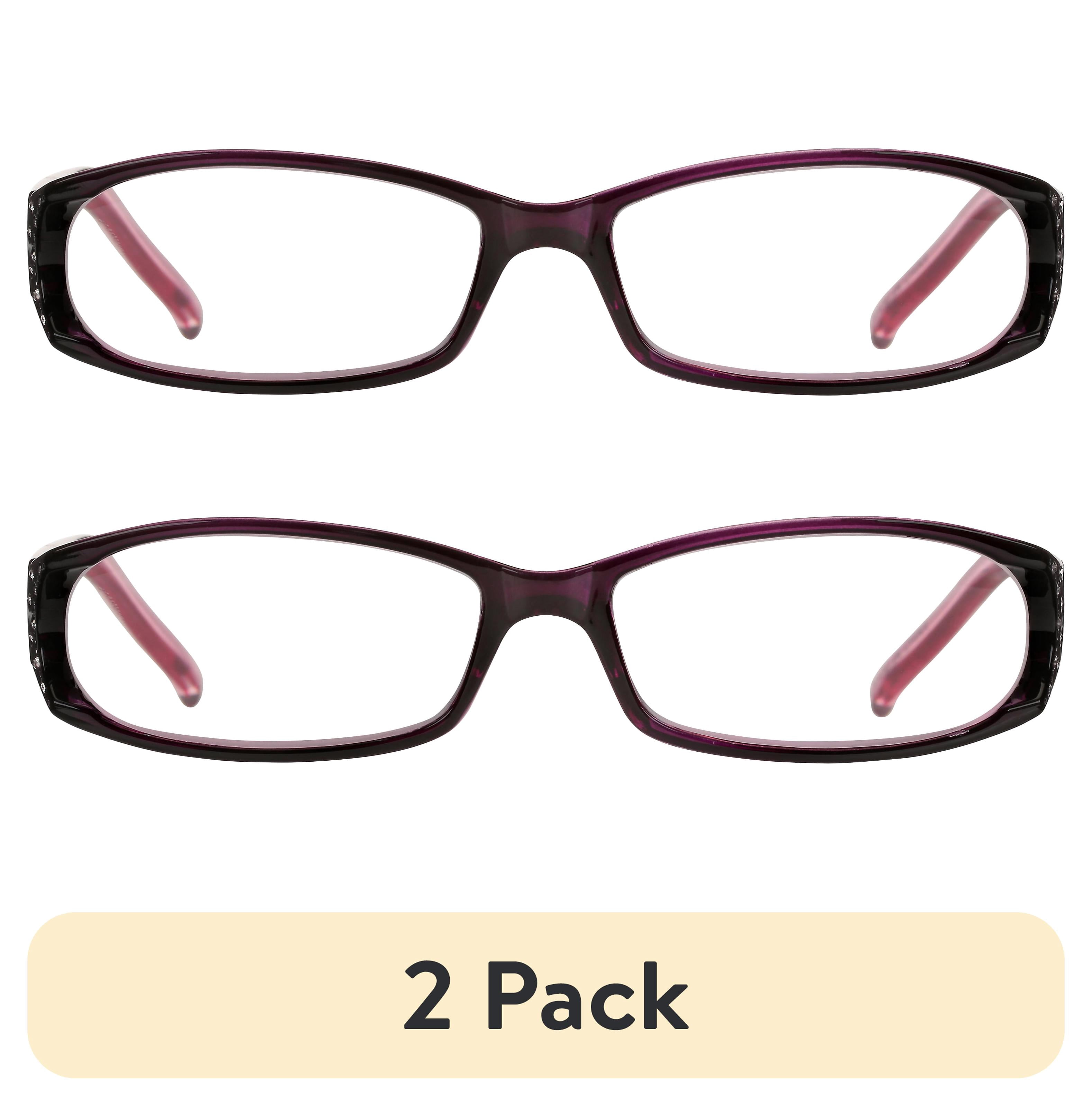 (2 pack) M+ Womens Rectangular Plastic Reading Glasses 2.50 Amber in Purple with Rhinestones