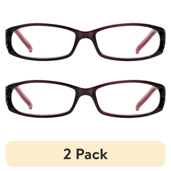 (2 pack) M+ Womens Rectangular Plastic Reading Glasses 2.50 Amber in Purple with Rhinestones