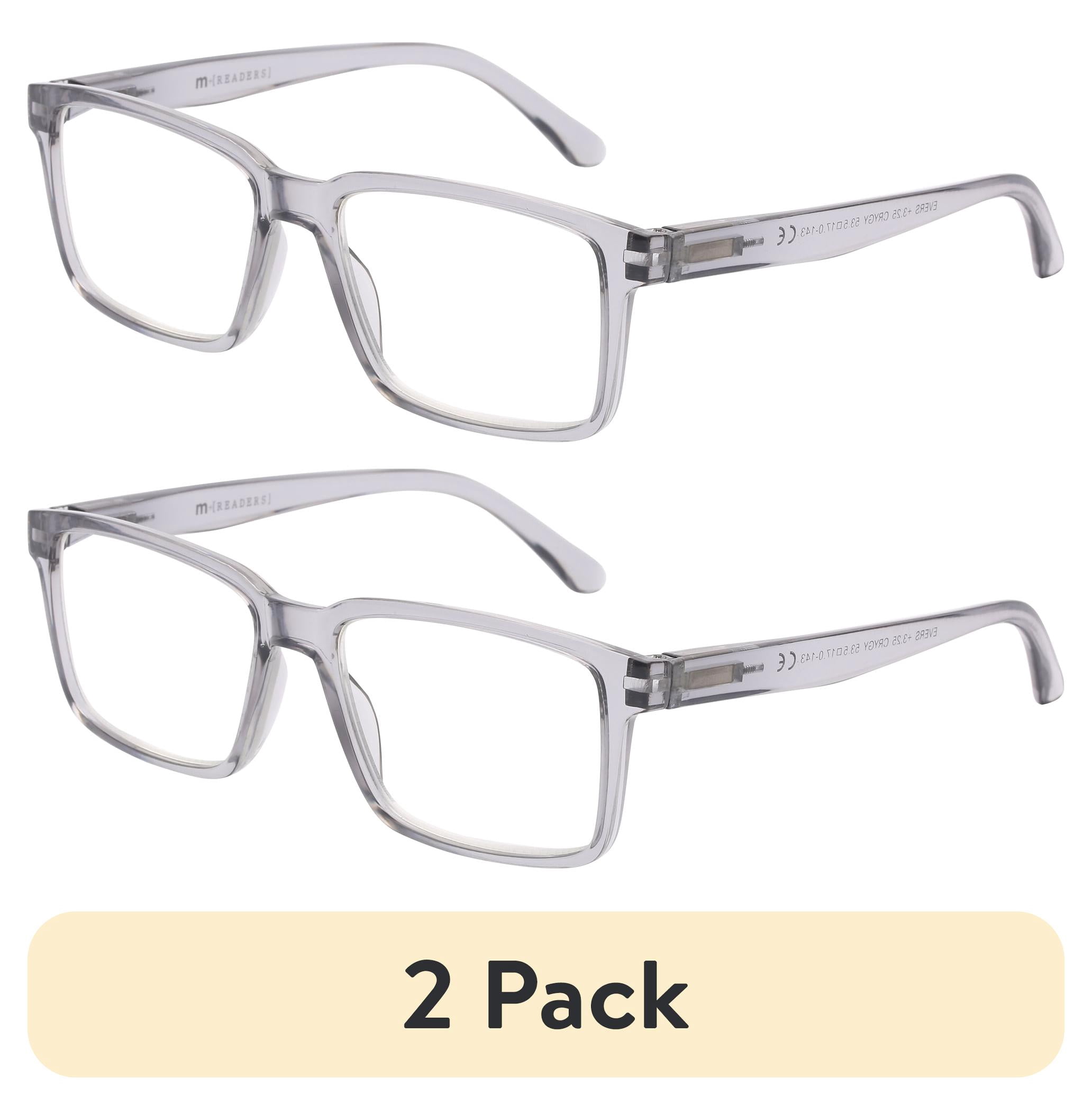 (2 pack) M+ Unisex Spring Hinge Plastic Reading Glasses Crygy 2.00 Evers in Crystal Grey with Pouch
