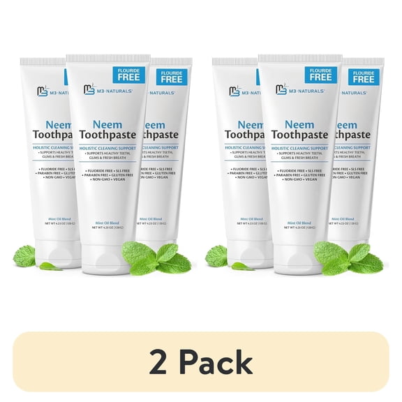 (2 pack) M3 Naturals Neem Toothpaste, Fluoride Free Toothpaste for Healthy Teeth & Gums, Mint, 120 g, 3-Pack