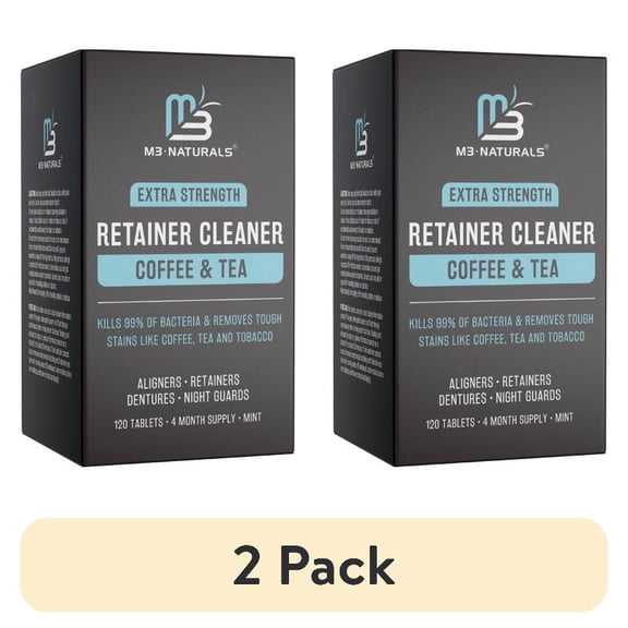(2 pack) M3 Retainer Cleaner Tablets for Coffee & Tea Stains, Mint Flavor 120ct | Remove Odors, Stains, and Plaque | Denture Cleanser, 4 Month Supply