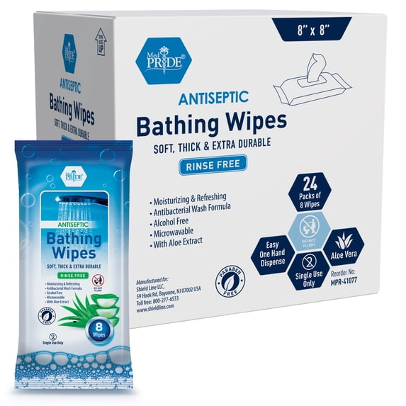 (2 pack) MEDPRIDE 8-Pc Rinse-Free XL Bath Wipes Shower Adult Wipes with Aloe Vera, 12-Pack
