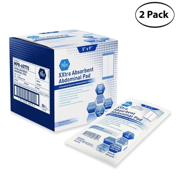 (2 pack) MedPride Sterile Abdominal Pads 5 x 9 Inch, 50 Count, Extra Absorbent ABD Wound Dressing Pads for Heavy Drainage, Non-Adherent Surgical Pads