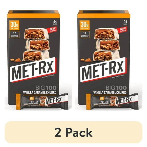 (2 pack) MET-Rx Big 100 Protein Bars, Vanilla Caramel Churro Bars, 30g Protein, 4 Ct