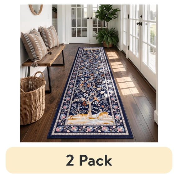 (2 pack) MJIAexp 2'x8' Boho Floral Runner Rug,Non Slip Washable Floral Hallway Runner Rug with Rubber Backing, Low Pile Faux Wool Carpet for Kitchen, Laundry, Bedroom, Entrance