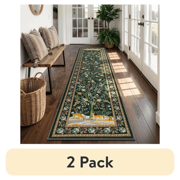 (2 pack) MJIAexp 2'x8' Boho Floral Runner Rug,Non Slip Washable Floral Hallway Runner Rug with Rubber Backing, Low Pile Faux Wool Carpet for Kitchen, Laundry, Bedroom, Entrance