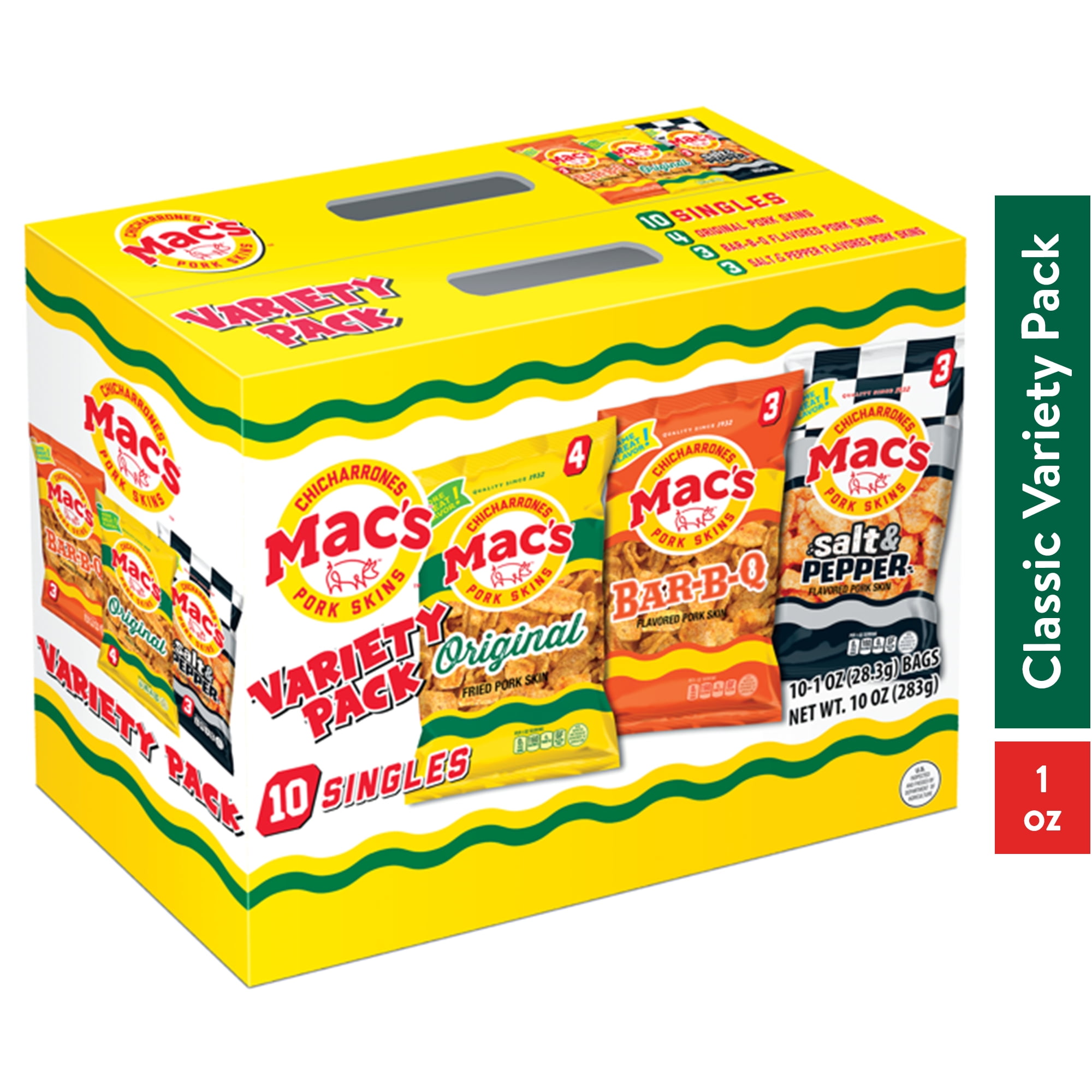 (2 pack) Mac's Chicharrones Variety Pack Crispy Fried Pork Skins, 1 oz , 10 Ct, Original, BBQ, Salt & Pepper