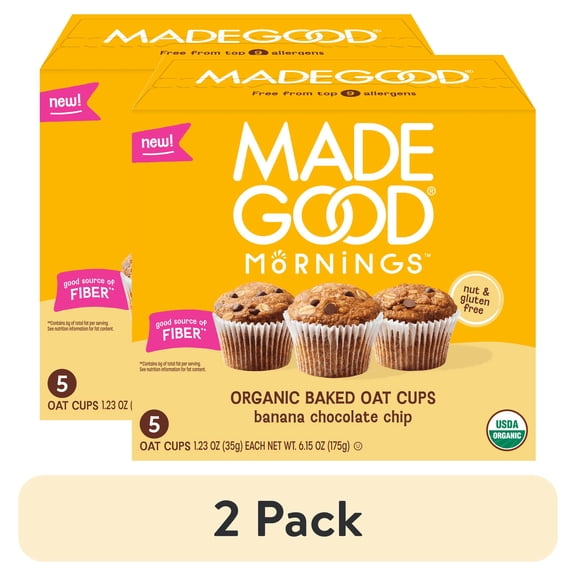 (2 pack) MadeGood Mornings Organic Chocolate Banana Baked Oat Cups, 5 Count, 1.23oz