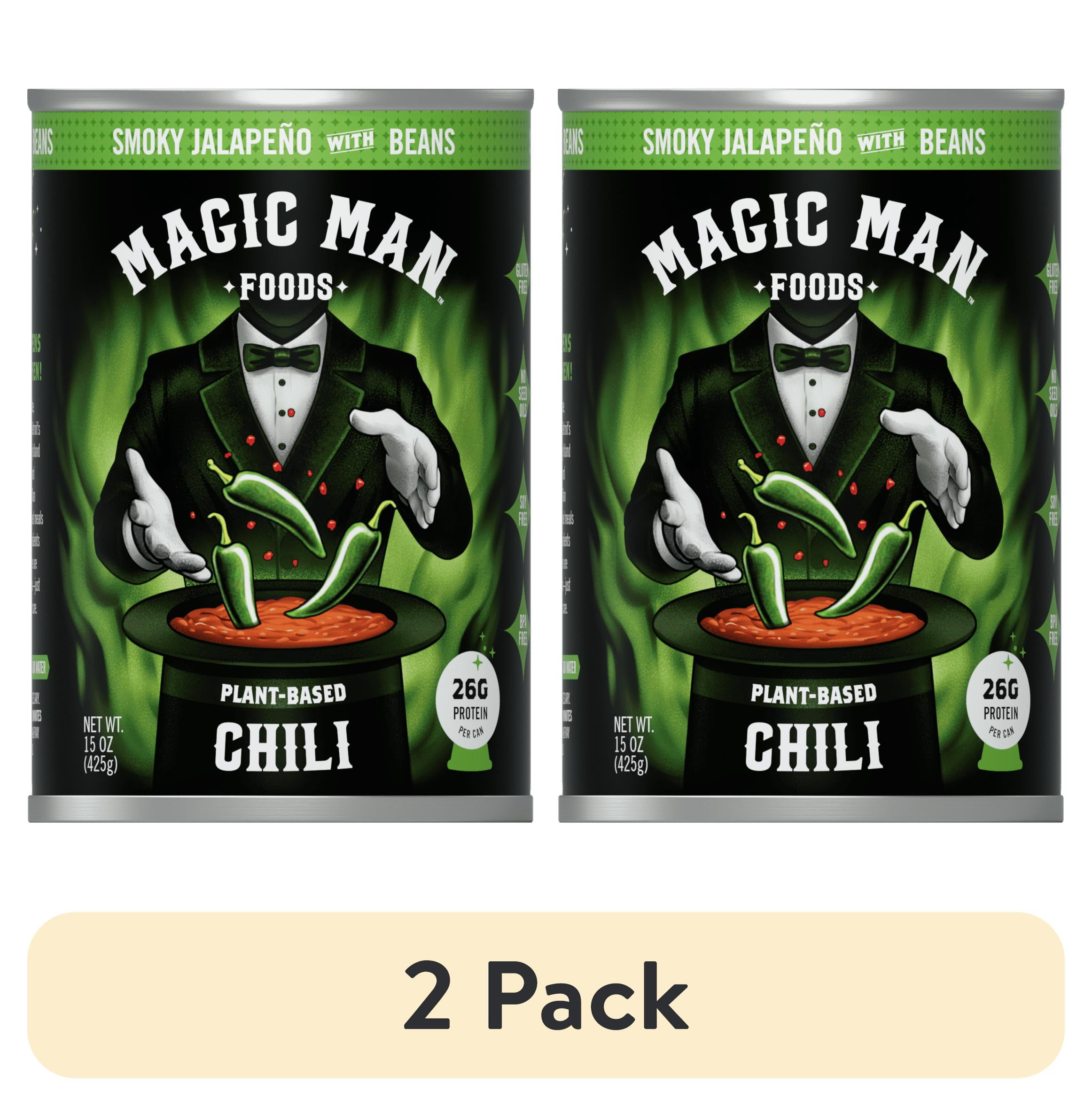(2 pack) Magic Man Chili PlantBased Smokey Jalapeno Chili, 15oz Can, Vegan, Gluten free, Soy free, Seed Oil free