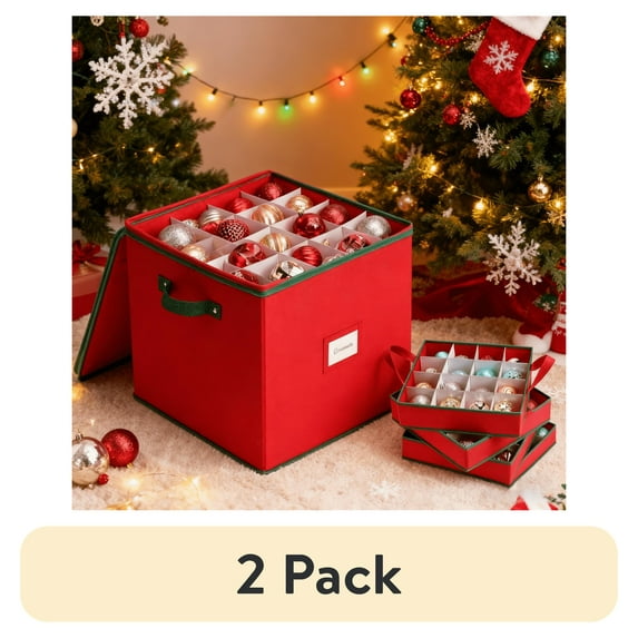 (2 pack) MaidMAX Christmas Ornament Organizer Storage Box with Zipper , Holds Up to 64 Cube - 3 inch Cube, Red