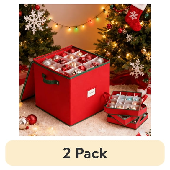 (2 pack) MaidMAX Christmas Ornament Organizer Storage Box with Zipper , Holds Up to 64 Cube - 3 inch Cube, Red