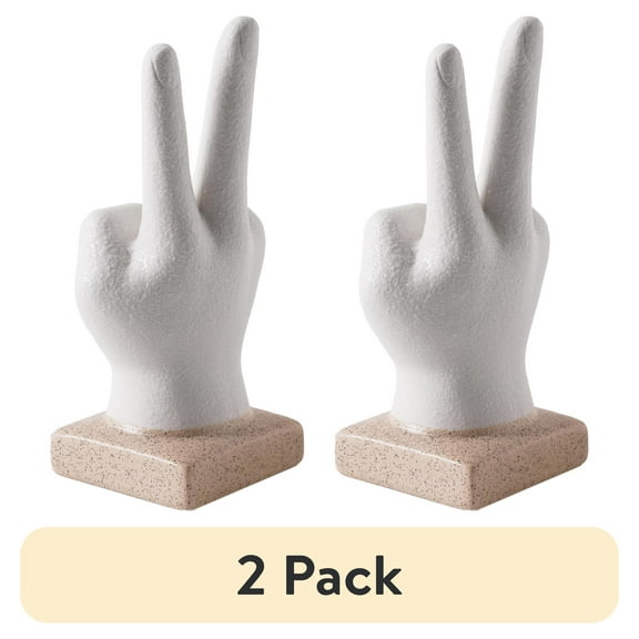 (2 pack) Mainstay Home Decor Collection Peace Hand Sign White Ceramic Bohemian Figurine Decor - 6.5" x 2.5" x 2.75"