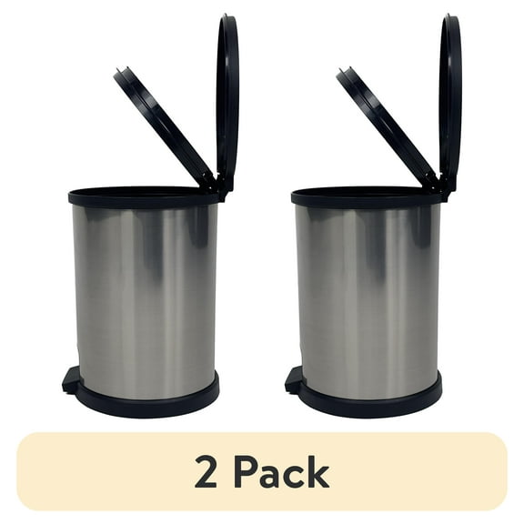 (2 pack) Mainstays Bathroom Trash Can, 1.5 Gallon Small Plastic Step Garbage Bucket Bin with Lid, Silver