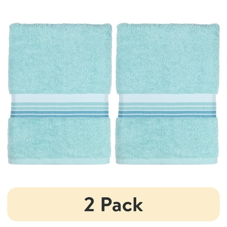 (2 pack) Mainstays Basic Bath Towel, Soft 100% Cotton and Highly Absorbent Striped Bath Towel, Aqua