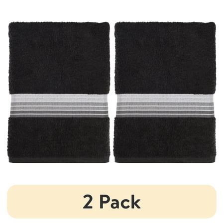 (2 pack) Mainstays Basic Bath Towel, Soft 100% Cotton and Highly Absorbent Striped Bath Towel, Black