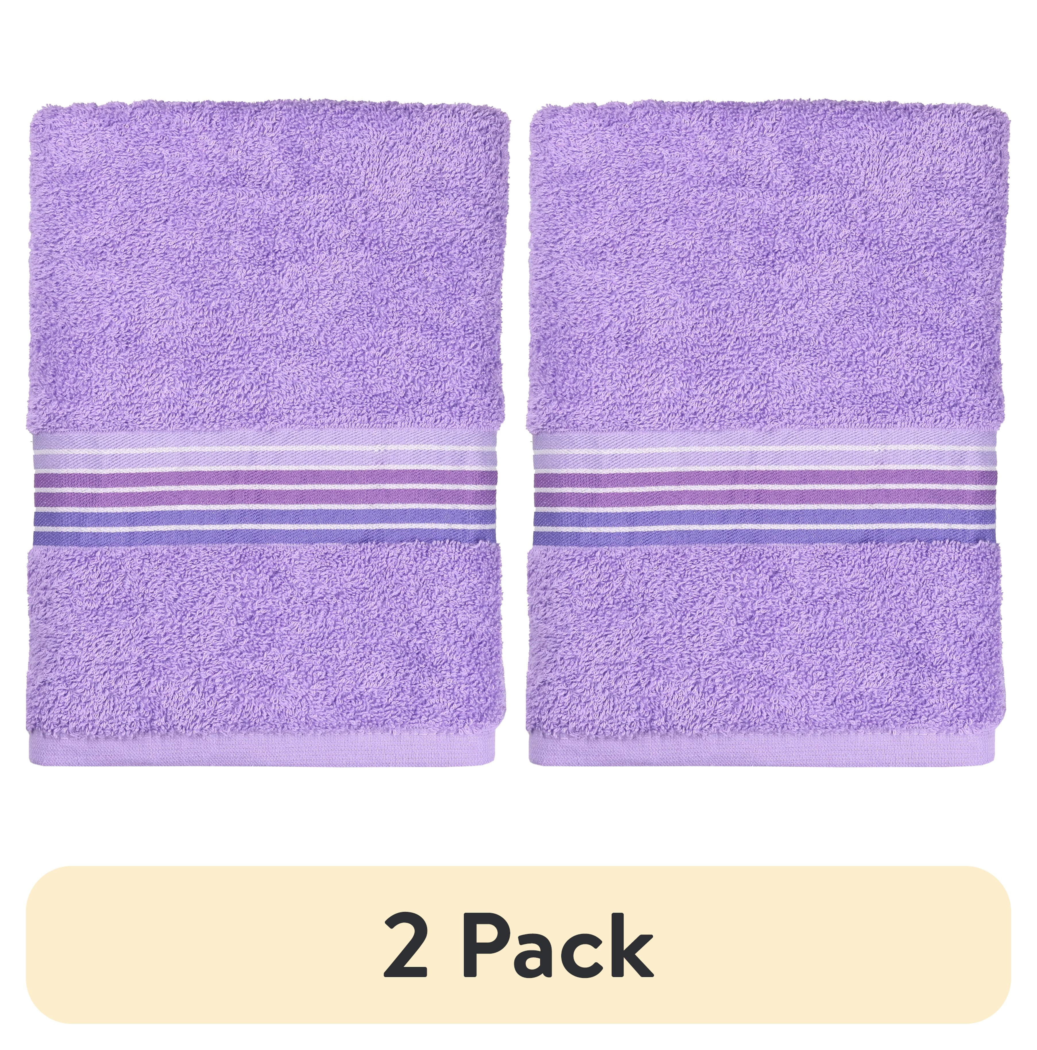 (2 pack) Mainstays Basic Bath Towel, Soft 100%  Cotton and Highly Absorbent Striped Bath Towel, Purple