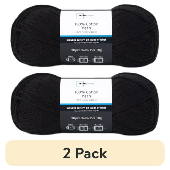 (2 pack) Mainstays 100% Cotton Yarn - Rich Black - 3.5oz 180yds - 4 Medium Weight