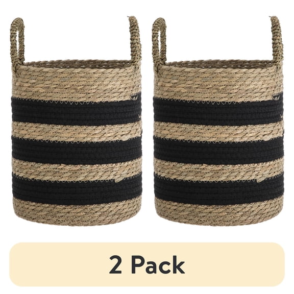 (2 pack) BHG 11" Black & Natural Striped Rush Basket with Handles