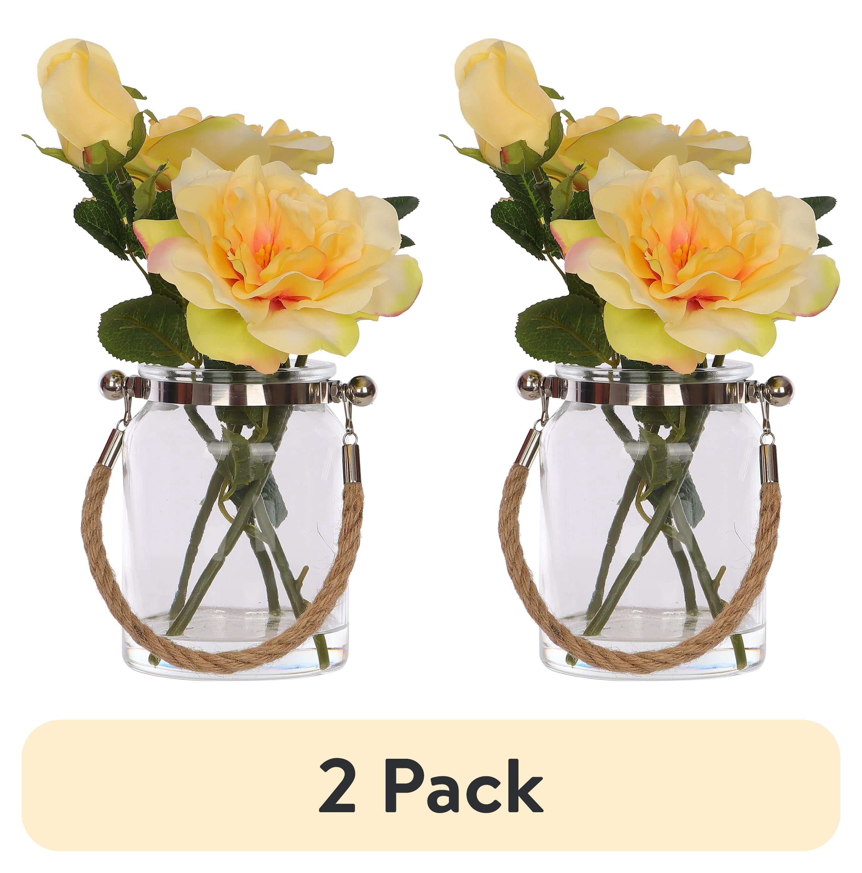 (2 pack) Mainstays 12" Yellow Camelia in Clear Glass Jar - Everyday / Greenery / Artificial Flowers