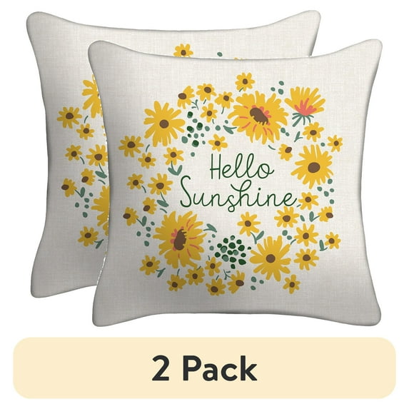 (2 pack) Mainstays 16" x 16" Hello Sunshine Decorative Outdoor Throw Pillow, Off-White/Yellow