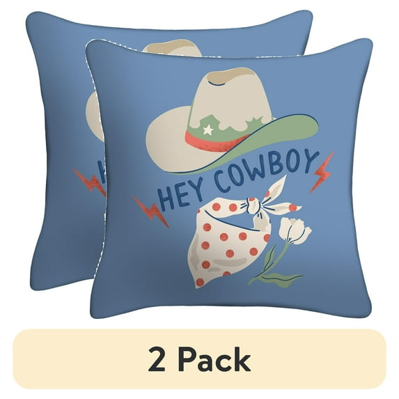 (2 pack) Mainstays 16" x 16" Hey Cowboy Reversible Decorative Outdoor Throw Pillow, Blue/Multi