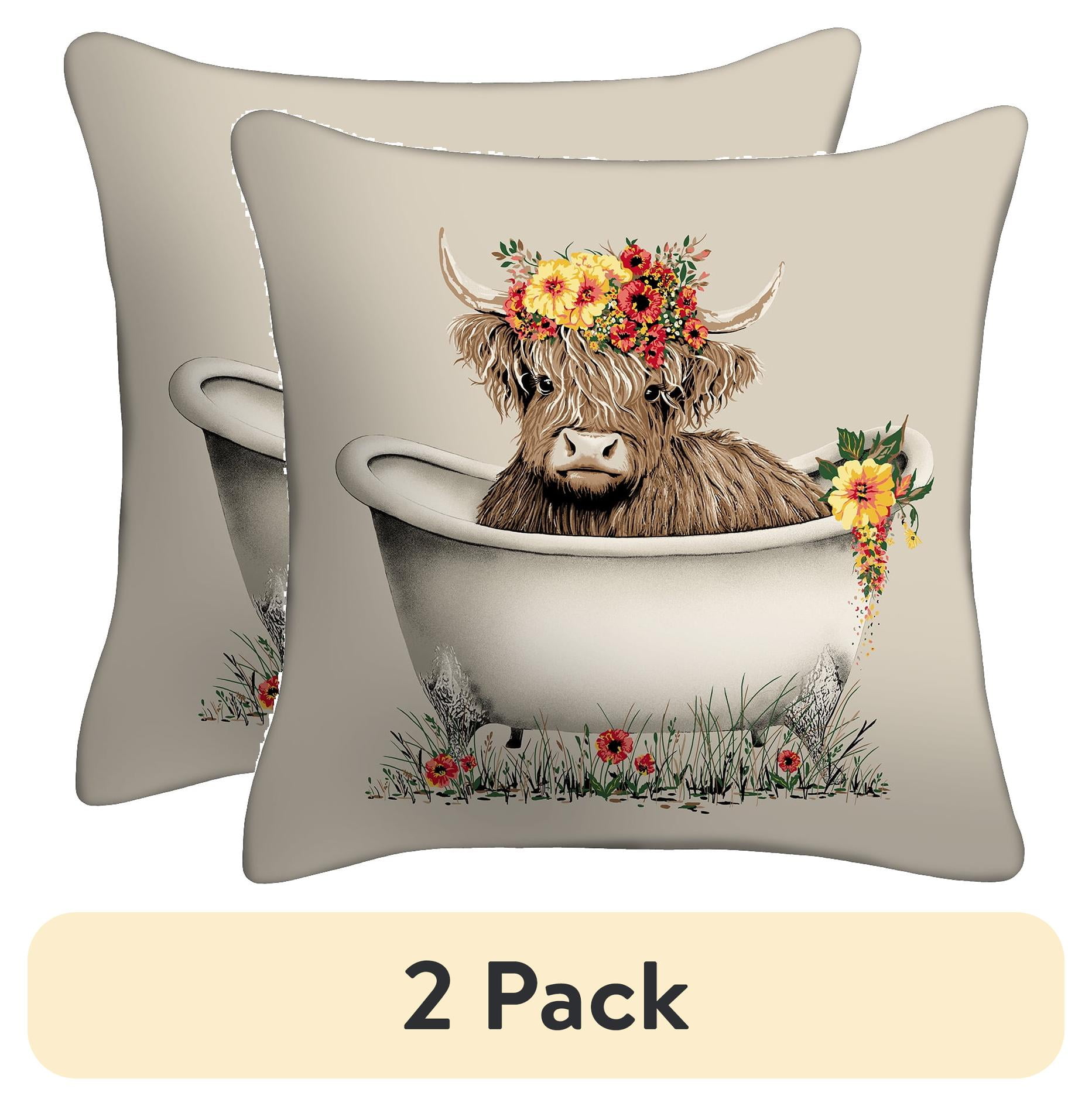 (2 pack) Mainstays 16" x 16" Highland Cow Decorative Outdoor Throw Pillow, Multicolor