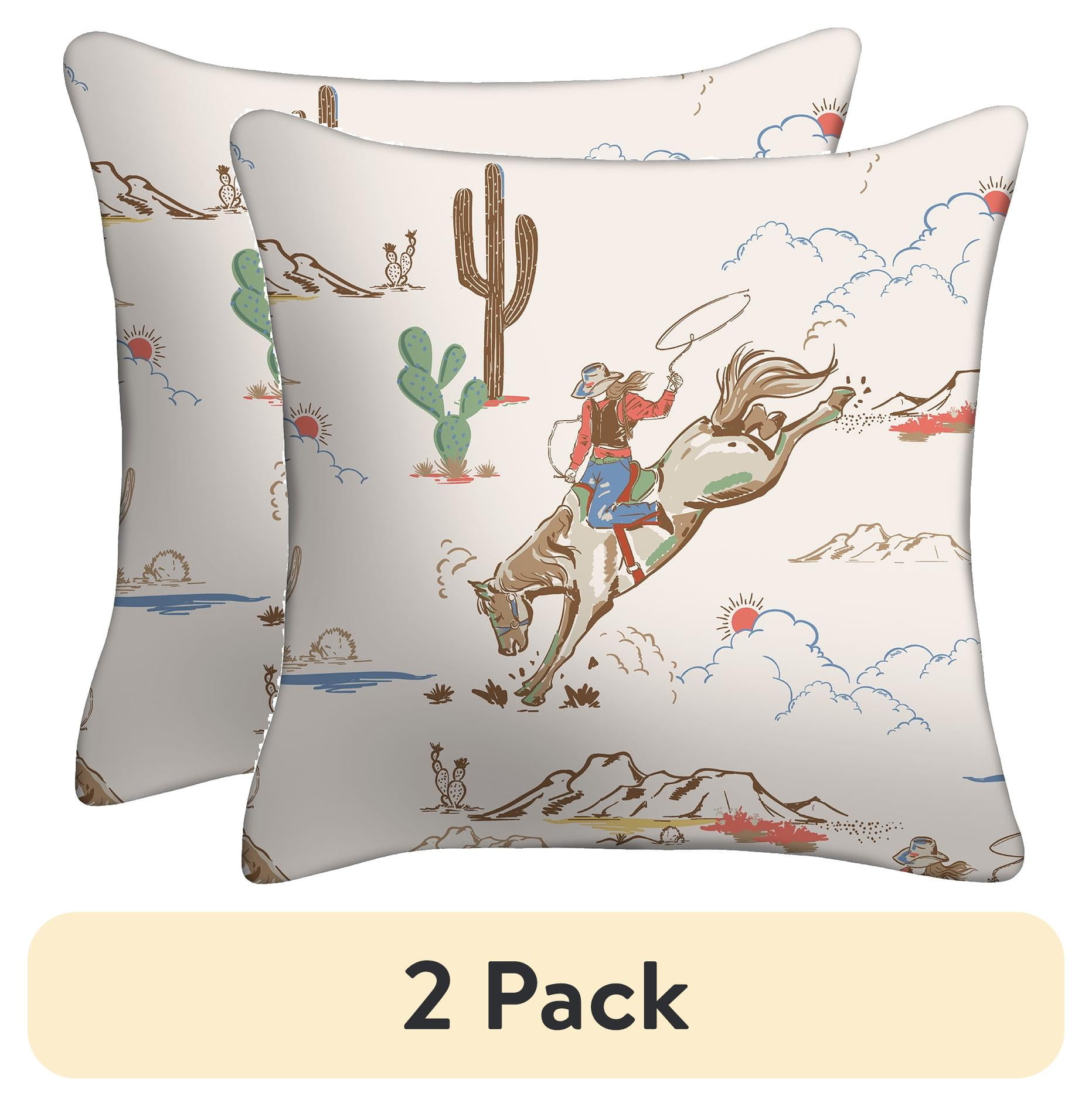 (2 pack) Mainstays 16" x 16" Western Cowboy Decorative Outdoor Throw Pillow, Beige