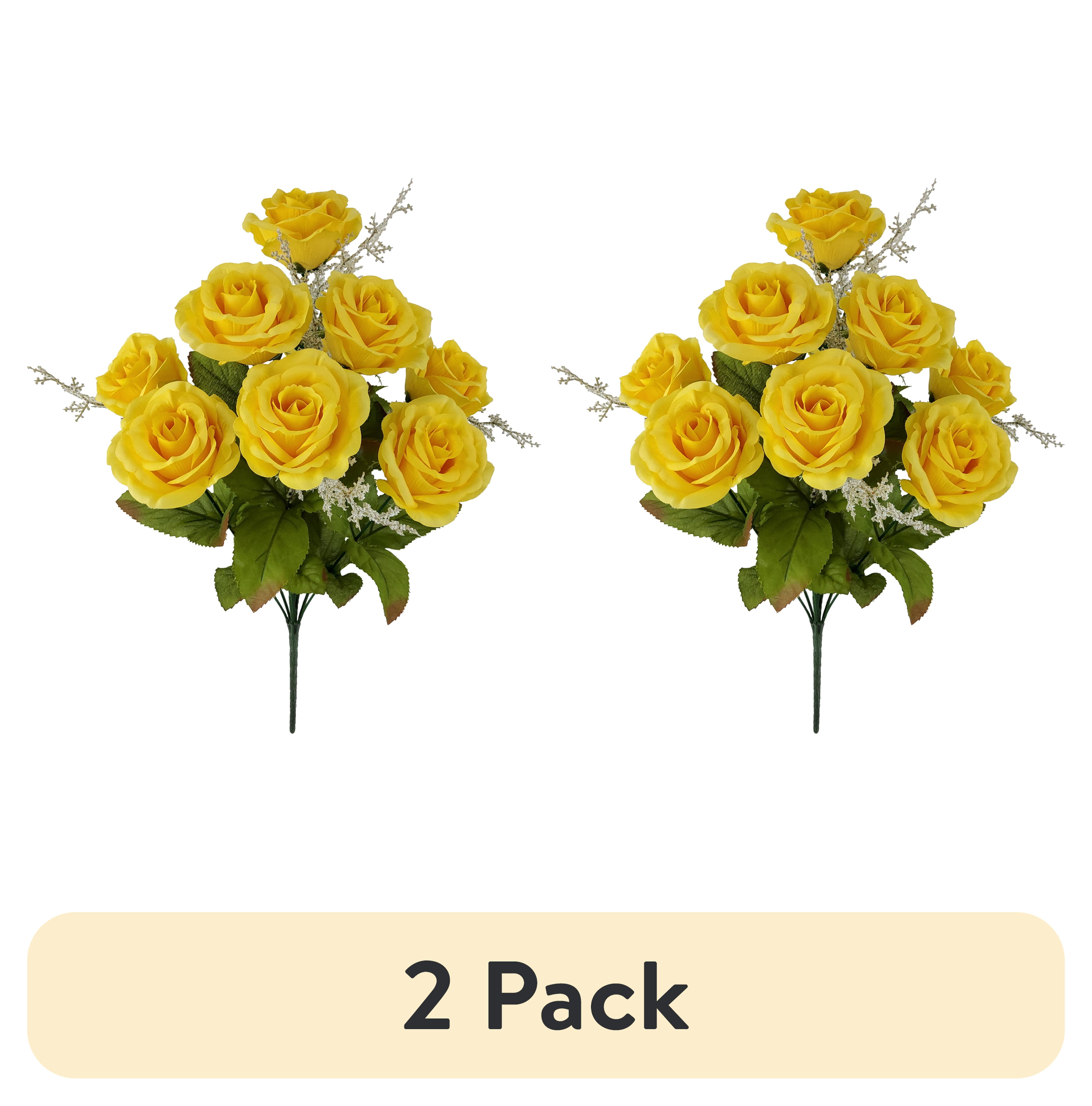 (2 pack) Mainstays 17.5 in Indoor Artificial Rose Bush, Yellow Color.