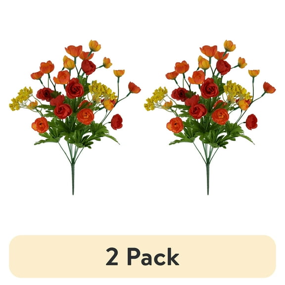 (2 pack) Mainstays 17" Artificial Red and Orange Ranunculus Bush, Indoor Use.