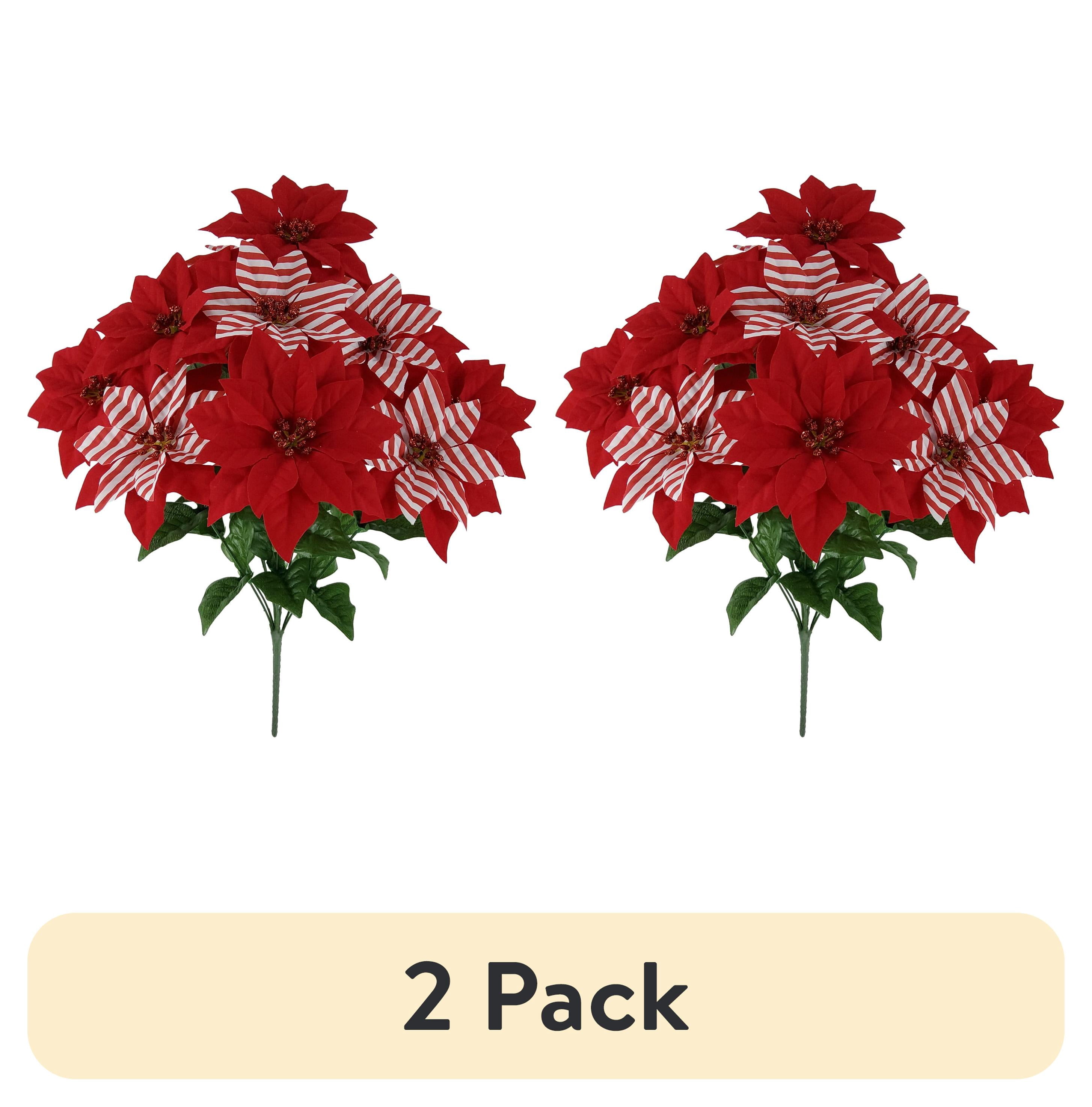 (2 pack) Mainstays 19 in Indoor Artificial Striped Poinsettia Bush, Red Color.