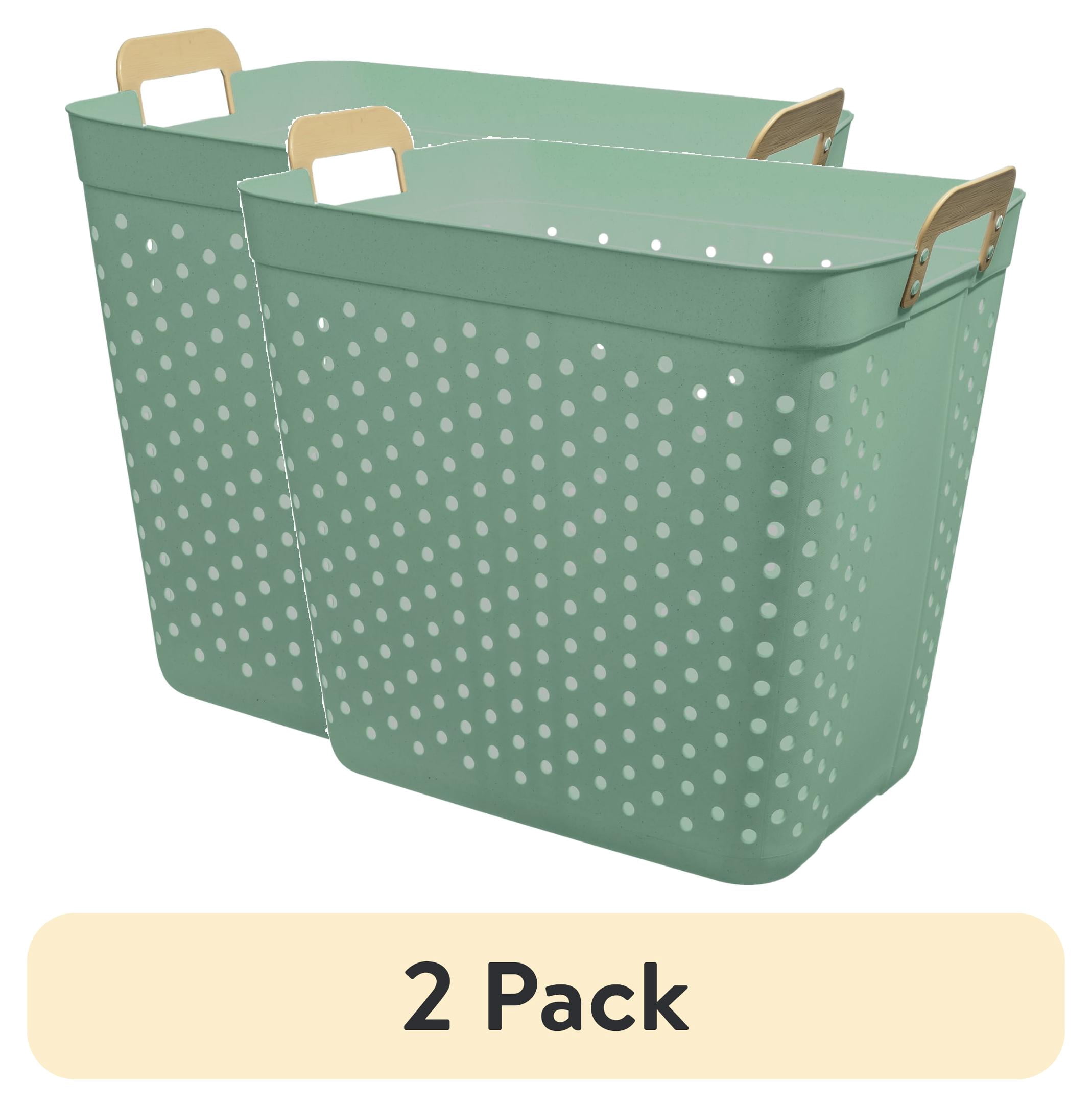 (2 pack) Mainstays 2 Bushel Flexible Rectangle Laundry Basket, Decorative Tote, Sage Green Plastic