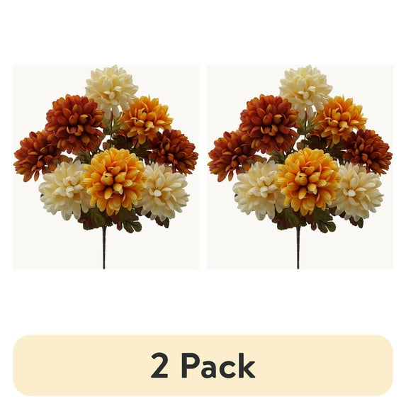 (2 pack) Mainstays 20in Indoor Artificial Flower Bush, Mums, Cream and Orange Colors.