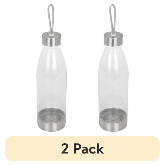 (2 pack) Mainstays 22 Ounce (22 Fluid Ounces) Clear Water Bottle Stainless Steel Lid With Strap