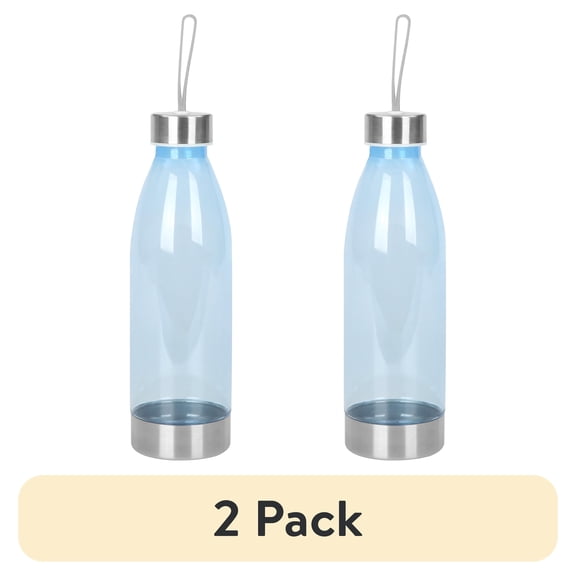 (2 pack) Mainstays 22oz (22 Fluid Ounces) Blue Plastic Water Bottle with Strap and Stainless Steel Lid