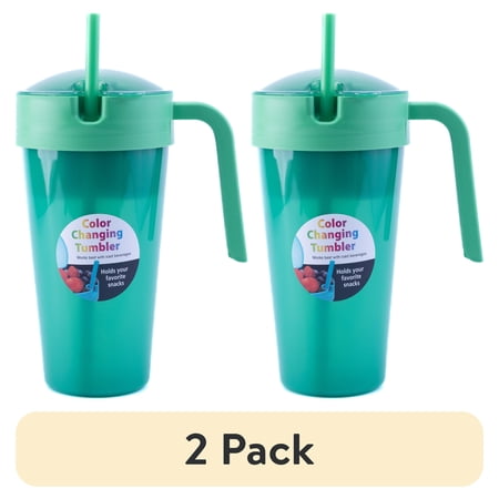 (2 pack) Mainstays 24 oz Plastic Snack Tumbler with Straw, Green, Color Changing, Includes Snack Compartment with Lid
