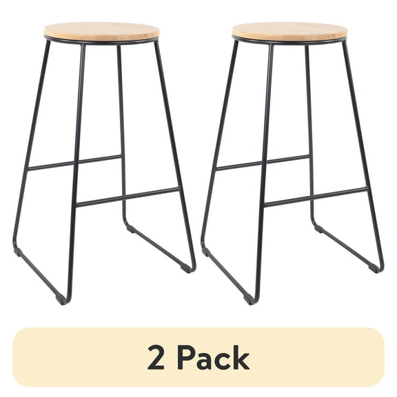 (2 pack) Mainstays 28"H Backless Stool Black Metal Base with Natural Wood Seat