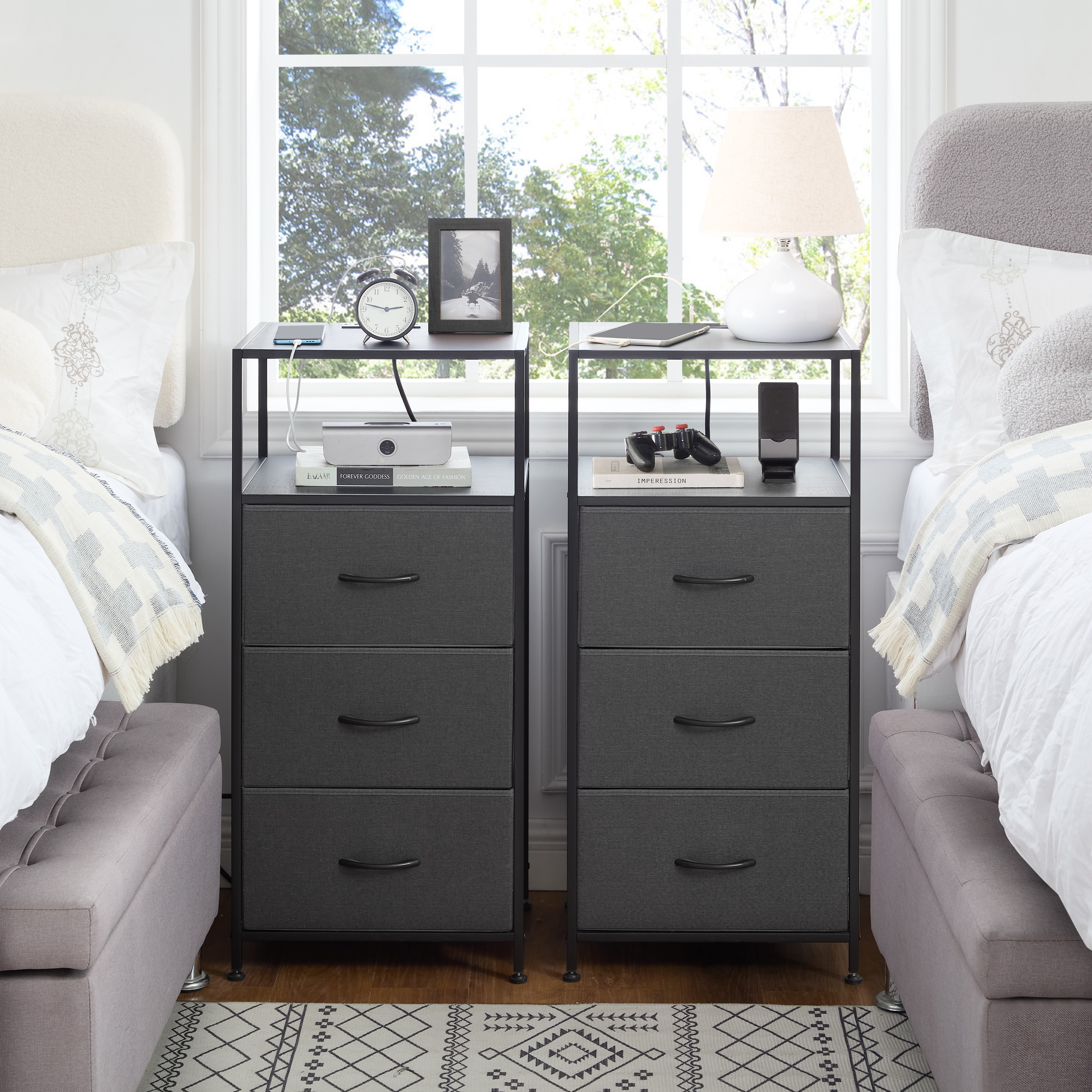 (2 pack) Mainstays 3 Drawer Fabric Nightstand with USB, Grey