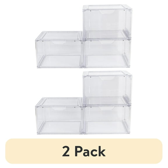 (2 pack) Mainstays 3 Pack Stackable Clear Glossy Plastic Drop Front Shoe Organizer, Adult Size, 1 Tier