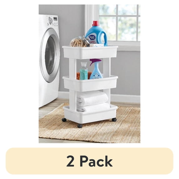 (2 pack) Mainstays 3-Tier Plastic Rolling Laundry Cart, Arctic White